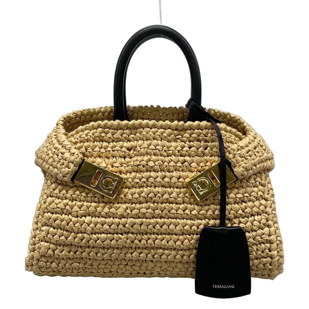 Salvatore Ferragamo Hug Handbag XS Handbag 219397 Natural Black Raffia-style